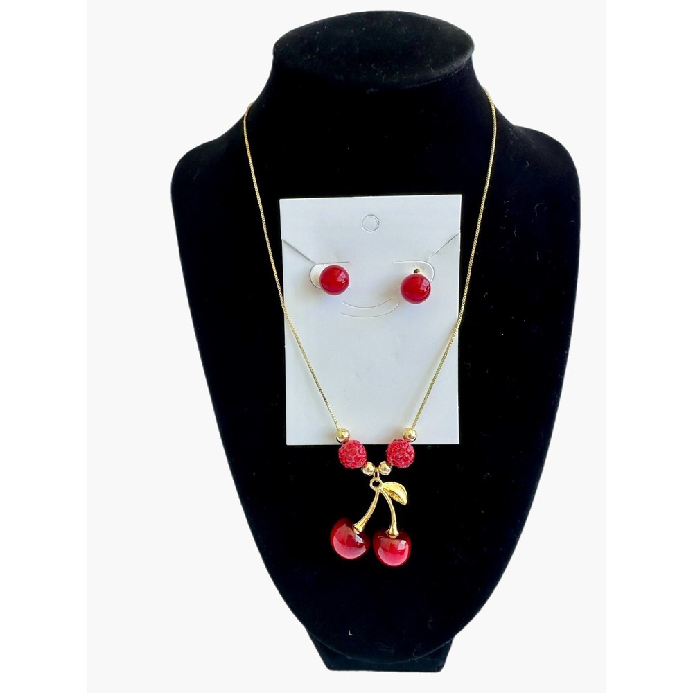 Cherry Woman's Set Necklace and Earring 14k Gold Plated Oro Laminado